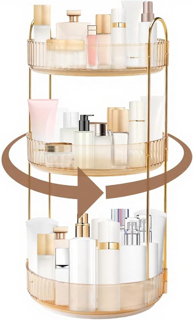 INVSSENE 360 Rotating Makeup Organizer, Yellow, Unisex, 3 Tier Countertop Storage, Fits Cosmetics, Perfume, Skincare, Lipsticks