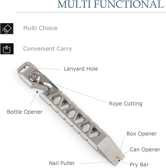 Hamans Pry Bar Titanium Prybar Bottle Opener 4.37" 7-in-1 Multi-Function Tool with Rope Cutter, Bottle Opener, Can Opener, Nail Puller, Box Opener, Lanyard Hole (Stonewash)