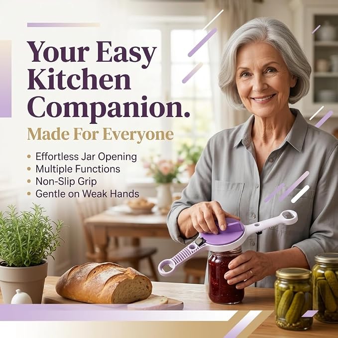 4-in-1 Jar Opener for Seniors with Arthritis, Easy Grip Bottle Opener for Weak Hands, Effortless Twist Off Lid Remover, Non-Slip Kitchen Gadget