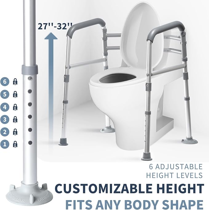 Toilet Safety Rails, Height-Adjustable, Foldable, Tool-Free Assembly, for Elderly, Seniors, Handicap & Disabled, 350 lbs Capacity