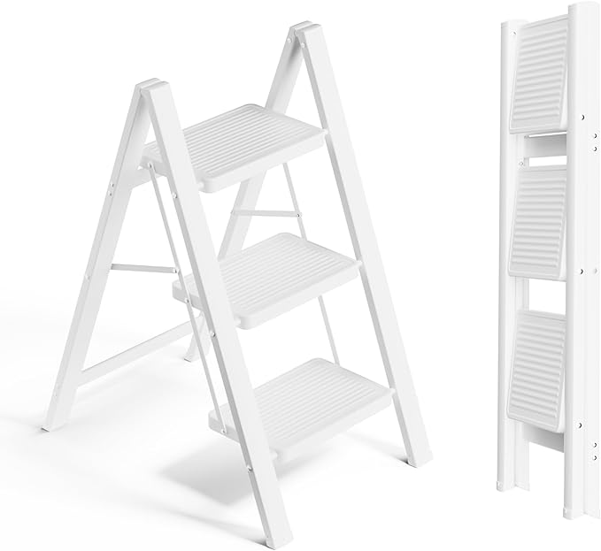 SOLADDER Step Ladder 3 Step Folding, Small Step Stool for Adults, Portable Anti-Slip Iron Stepladder with Wide Pedals for Home and Kitchen Use, Space Saving - White (300 lbs)