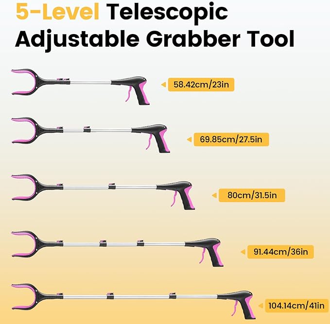 Telescopic Grabber Reacher Tool, 5-Level Adjustable Length (23'' to 41'') - Trash Claw Gripper, Pickup Stick for Litter Picking, Yard Work, and Seniors (Pink)