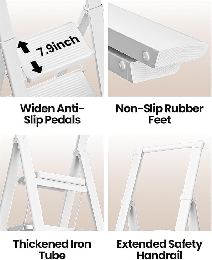 SOLADDER Step Ladder 4 Step Folding Stool with Anti-Slip Widened Sturdy Pedal and Handgrip, Portable and Multi-Use Iron Stepladder for Home, Kitchen, 300 lbs Capacity -Pure White