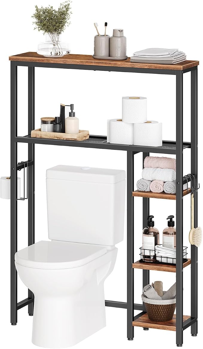 HOOBRO Over The Toilet Storage Cabinet, Freestanding Bathroom Organizer with Toilet Paper Holder, Hooks, 5-Tier Bathroom Storage Shelves for Laundry Room, Space Saver, Rustic Brown and Black BF84TS01
