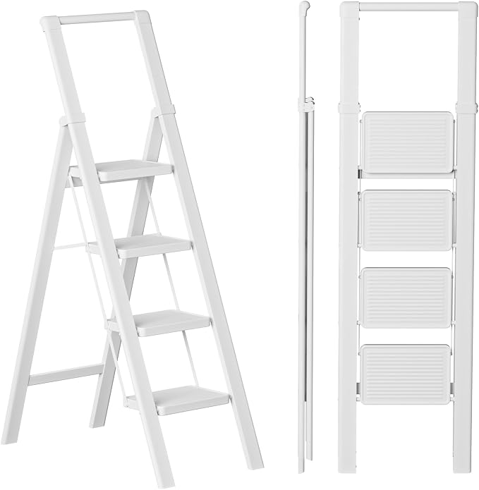 SOLADDER Step Ladder 4 Step Folding Stool with Anti-Slip Widened Sturdy Pedal and Handgrip, Portable and Multi-Use Iron Stepladder for Home, Kitchen, 300 lbs Capacity -Pure White
