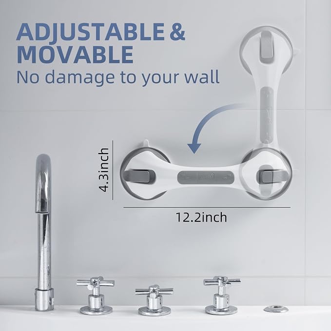 Shower Grab Bar Suction Cup 12 inch, 2 Pack Grab Bars for Bathtubs, Bathroom Safety Grip Shower Handle for Elderly and Seniors, Bath Handrails Removable Waterproof No Drilling Grey