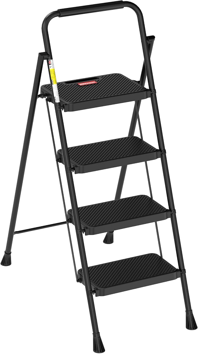 HBTower Step Ladder, 4 Step Ladder Folding Step Stool with Wide Anti-Slip Pedal, Lightweight Ladders for Home, Black