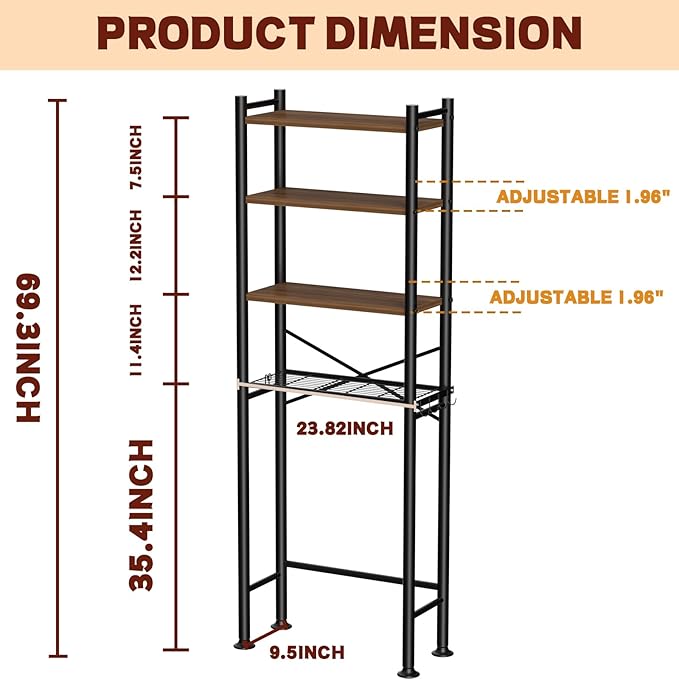 GloTika 4-Tier Over Toilet Storage with Anti-Tilt Safety System - 150lb Total Capacity Metal Bathroom Shelves Including Paper Holder & 4 Hooks, Space Saving Above Commode Organizer (69.3" H, Brown)