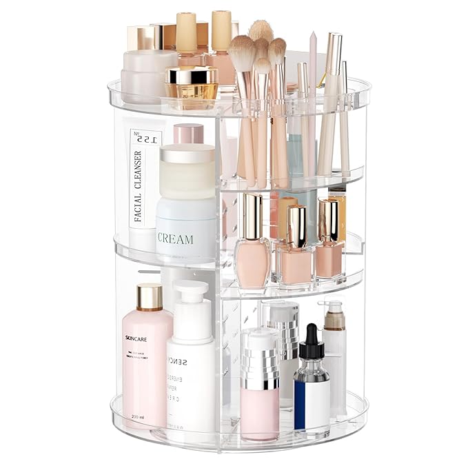 Rotating Makeup Organizer, DIY 8 Adjustable Layers Spinning Skincare Storage, Cosmetic Display Case with Brush Holder and Perfume Tray, Multi-Function Vanity Bathroom Countertop Organizer Clear