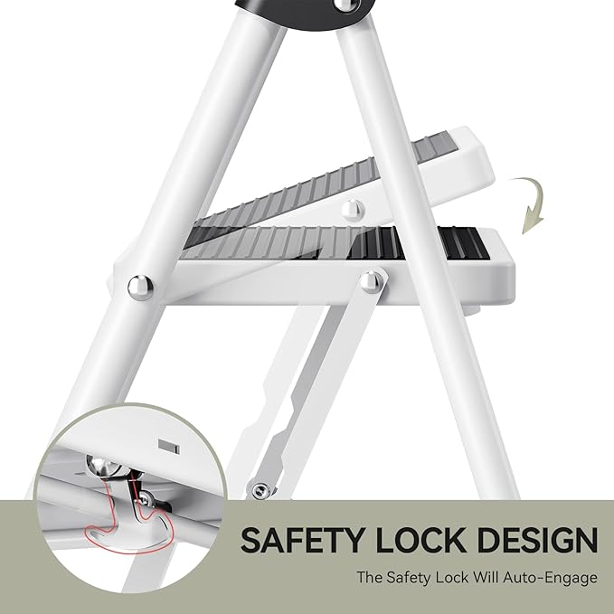 KINGRACK 2 Step Ladder, Folding Step Stool with Anti-Slip and Wide Pedal, Lightweight Stepladder with Handrails, Portable for Kitchen, Household, 330LBS, White