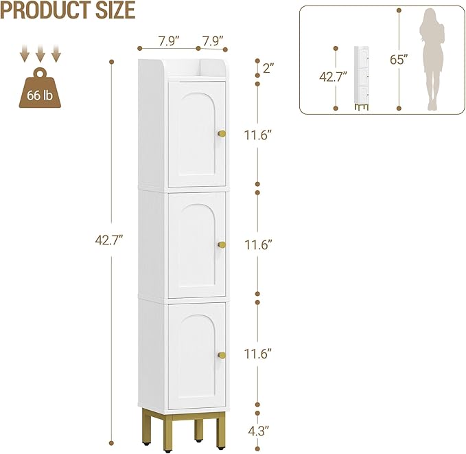 Hzuaneri Slim Bathroom Storage Cabinet, Narrow Bathroom Organizers and Storage with 4 Adjustable Feet, Laundry Room Organization for Small Space, Kitchen, Living Room, 3 Doors White BC22313G