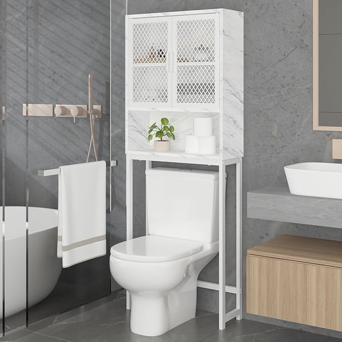 Launica Over the Toilet Storage Cabinet, Over Toilet Bathroom Organizer with Mesh Doors and Shelves, Freestanding Bathroom Storage Cabinet Above Toilet, Wood and Marble, White Marble
