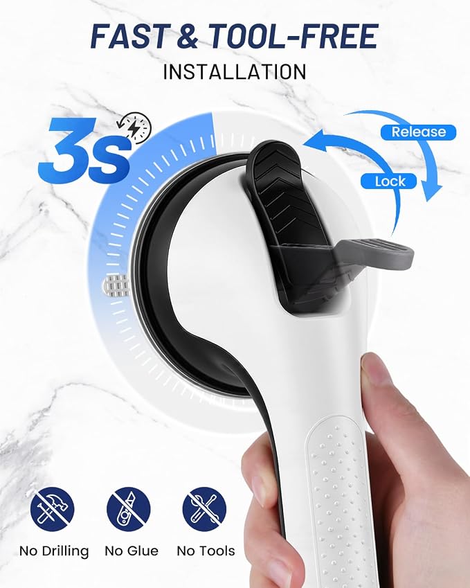 Gel-Enhanced Shower Grab Bar for Bathtubs and Showers, Heavy Duty Suction Cup Shower Handle for Seniors and Elderly, No Drilling Removable Bathroom Safety Bar for Tub Support, Black/W