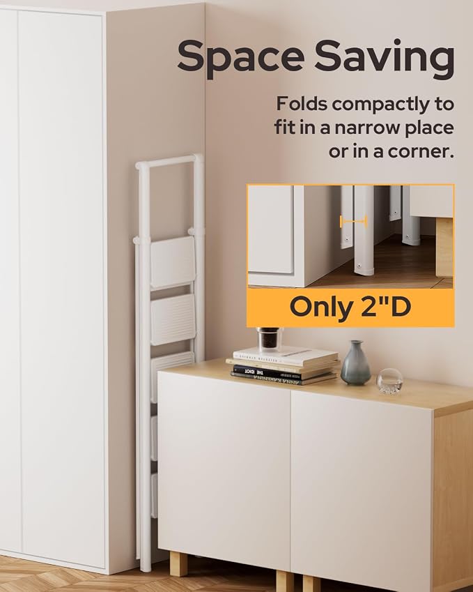 5 Step Ladder for 10 Feet High Ceiling, Folding Step Stool Stepladders with Anti-Slip and Wide Pedal for Home and Kitchen Use Space Saving (White)