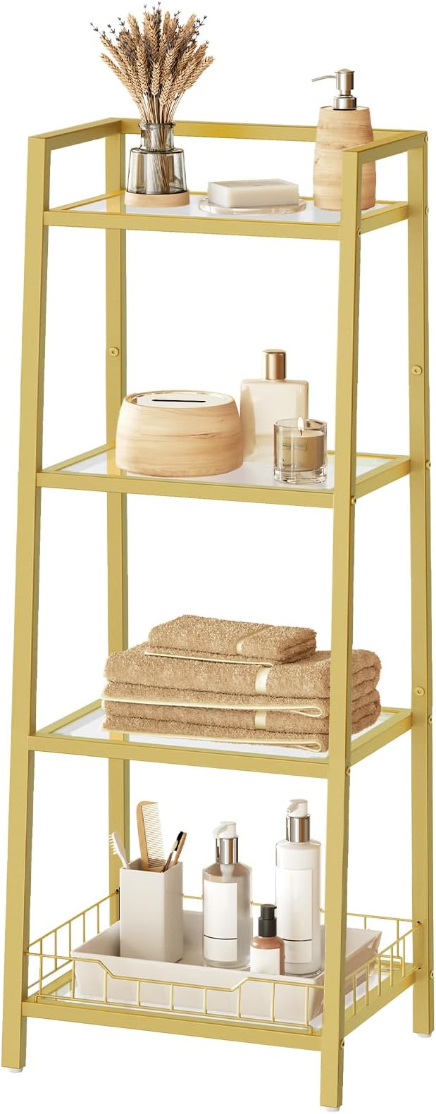 HOOBRO Gold Glass Shelf Stand, 4 Tier Standing Shelf Unit, Bathroom Organizer and Storage, Floor Storage Shelves Waterproof, for Bathroom, Laundry, Toilet, Tempered Glass, Gold GD79CJ01