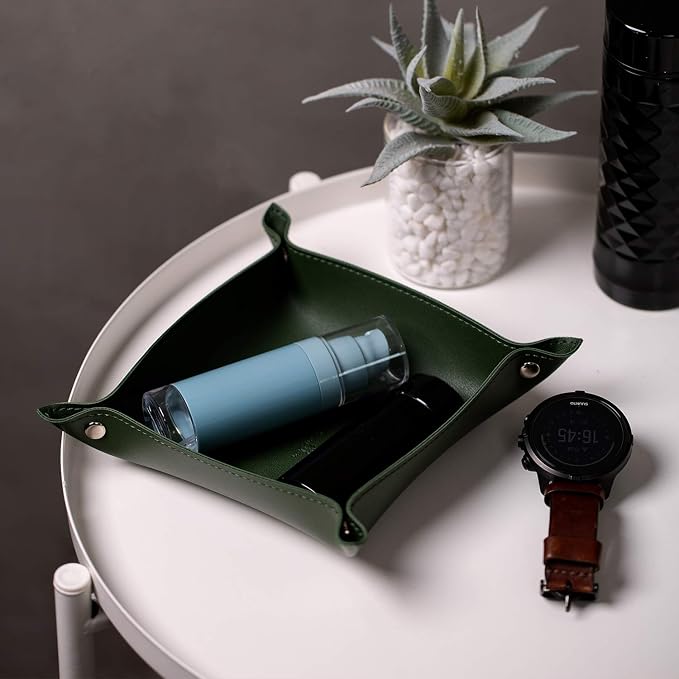 Leather Jewelry Valet Tray for Women and Man, Entryway Table Bedside Nightstand Desk Portable Small Catchall Travel Dish Plate for Key,Wallet,Watch,Phone,Coin(Dark Green-B)