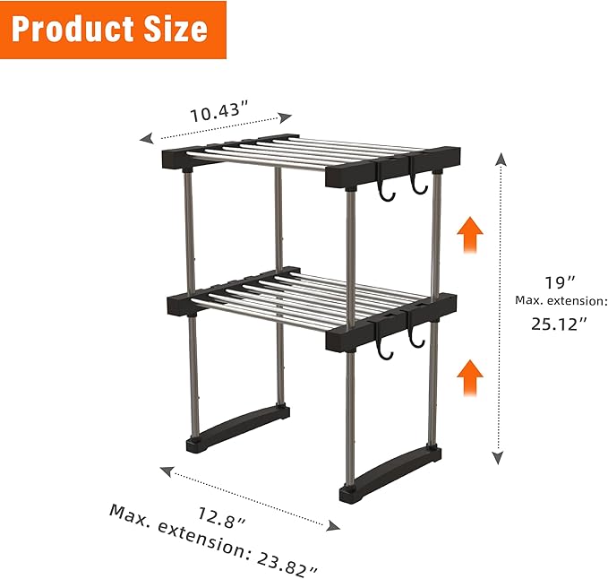 BLULEE Expandable Under Sink Organizer, 2-Tier Adjustable Storage Shelf with Hooks, Heavy-Duty Stainless Steel Cabinet Rack for Kitchen Pantry & Bathroom Vanity, Stackable Organization System