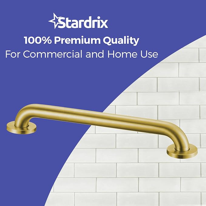 Stardrix 18-Inch ADA Compliant Grab Bar, 1.5" Diameter, Concealed Mounting Flanges, Handicap Friendly, Commercial & Residential Bathrooms, Brushed Gold Stainless Steel
