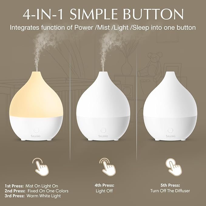 SALKING Essential Oil Diffuser, 100ml Small Aromatherapy Diffuser for Essential Oils, Auto Shut-Off Ultrasonic Diffusers, Cool Mist Humidifier with Warm White Lights, for Office Home (White)