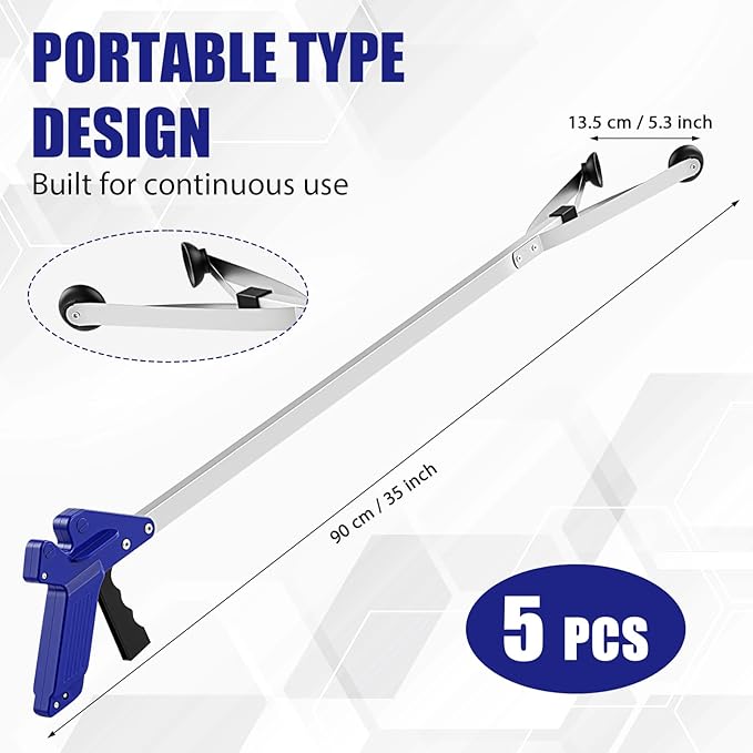 Sabary 5 Pack Suction Cup Reacher Grabber Heavy Trash Picker Grabber Tool, Long Handy Aids Nonslip Claw Reach Tool for Elderly Pick up Stick Arm Extension Litter Picker(Blue)