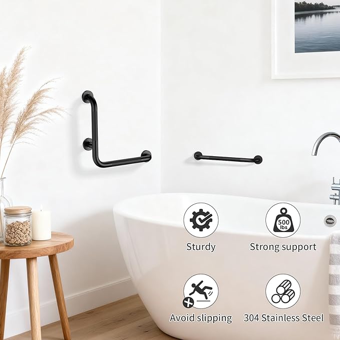 16 Inch Angled Grab Bar, iHansee Anti Slip L-Shaped Shower Grab Bar w/ 16 Inch Straight Bathroom Balance Bar, Knurled Stainless Steel Safety Handle for Seniors Elderly Injury Handicap, Matte Black