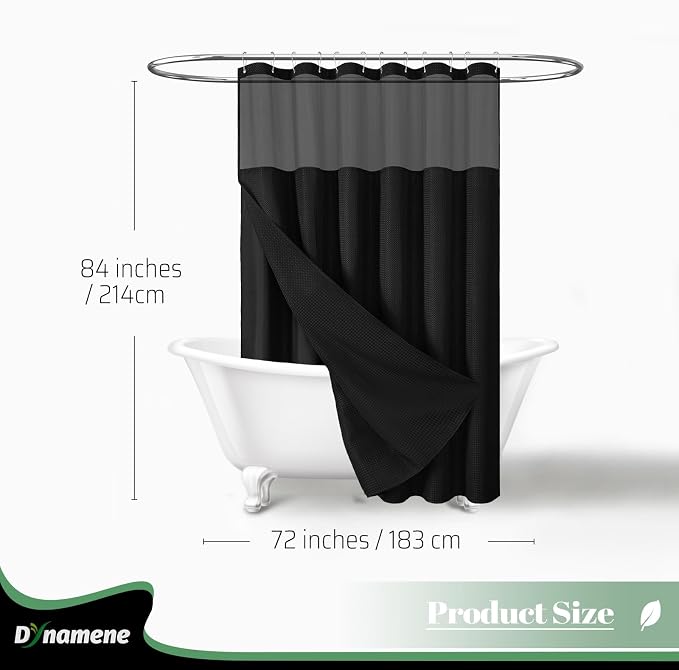 Dynamene Extra Long Shower Curtain, 84 Inch Long Waffle Fabric Shower Curtain for Bathroom, Tall Waterproof Cloth Shower Curtain Liner Set with Hook, Snap in Liner, Mesh Top Window, Black, 72x84