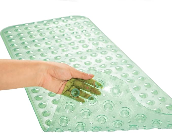 TEESHLY Bathtub Mats for Shower Tub, Extra Long Non-Slip 39 x 16 Inch Bath Mat with Drain Holes and Suction Cups, BathMat for Bathroom with Machine Washable (Clear Green)