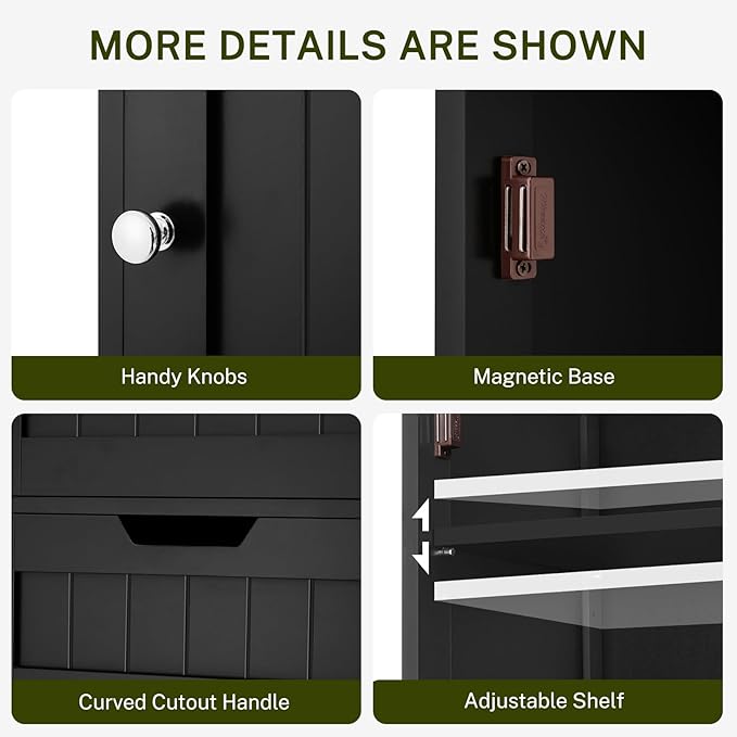 TEENFON 67" H Tall Storage Cabinet with 2 Doors and 1 Drawer, Narrow Black Cabinet with Adjustable Shelves, for Bathroom, Living Room, Entryway, Kitchen, Black