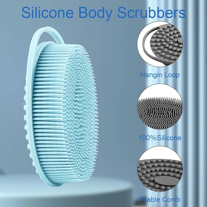 Silicone Body Scrubber, Exfoliating Silicone Body Shower, Silicone Loofah 2 in 1 Bath and Shampoo Brush, Body Scrubber Shower Cleaning Exfoliating for Sensitive Skin, Lather Well 2 PCS Black and Blue