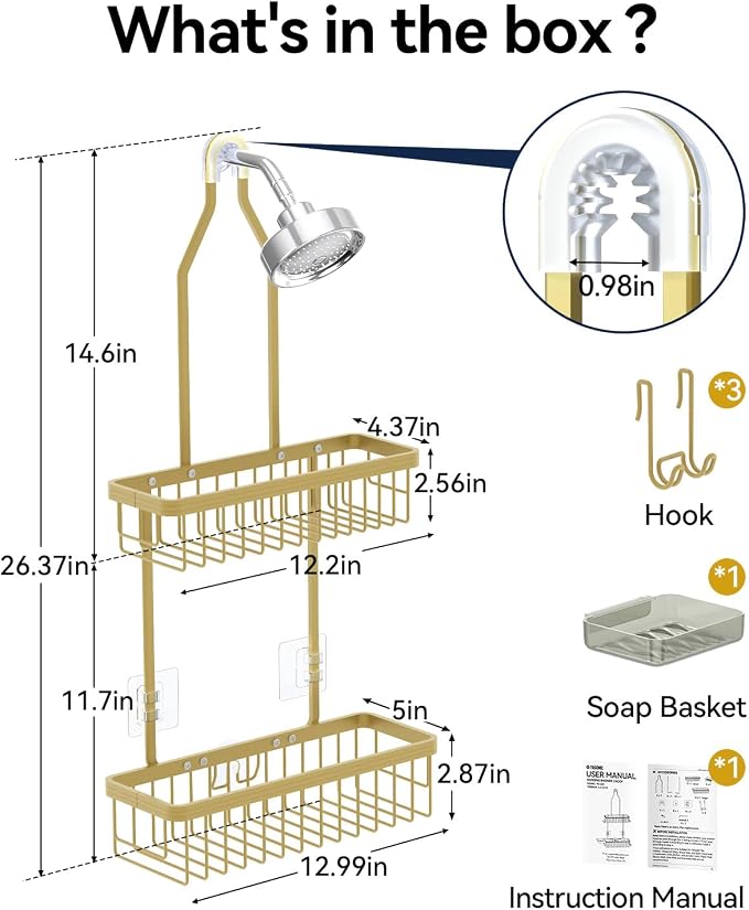 YASONIC Never Rust Shower Caddy Hanging, Aluminum Shower Racks for Inside Shower, 2-Tier Shower Organizer Hanging Over Shower Head with Hooks and Soap Holder, Gold