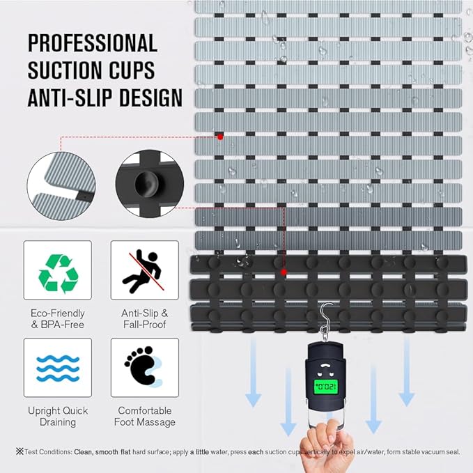 MBOSS Bath Tub Shower Mat Non Slip Bathtub Mats for Bathroom Shower Floor Mat Bath Mats for Shower Tub Anti Slip Shower Mat with Drain Hole and Large Suction Cups (Gradient Grey, 27.5 X 15.7 Inch)