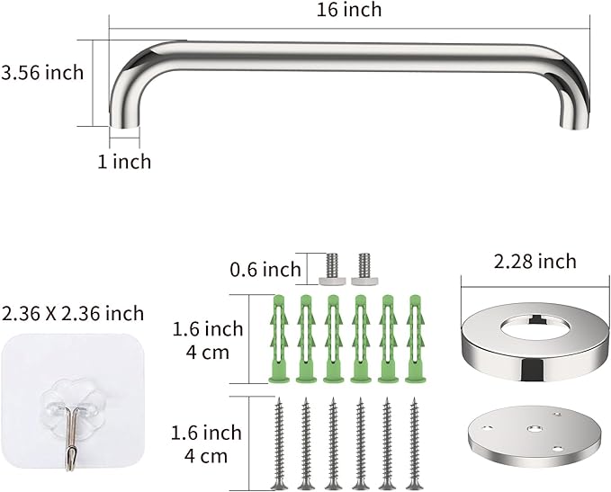 16 Inch Stainless Steel Shower Grab Bar, ZUEXT Chrome Shower Handle, Bathroom Balance Bar, Safety Hand Rail Support Bar for Handicap Elderly Injury, Senior Assist Bath Tub Wall Concealed Mount Handle