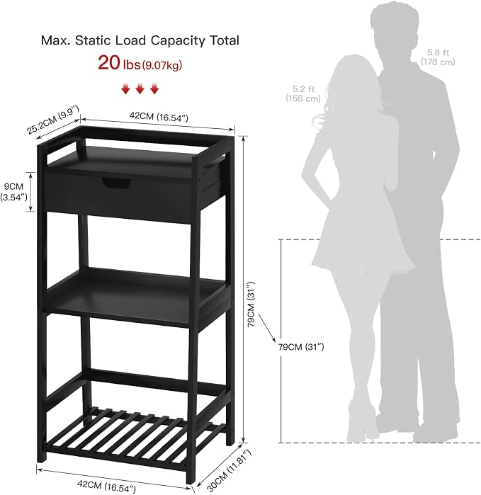 POXAKA 3 Tier Bamboo Bathroom Shelves with Drawer, Ladder Shelf for Bathroom Storage, Space-Saving Design, Stylish Display Nightstand, Stylish Storage Solution for Home, Living Room, Kitchen, Office