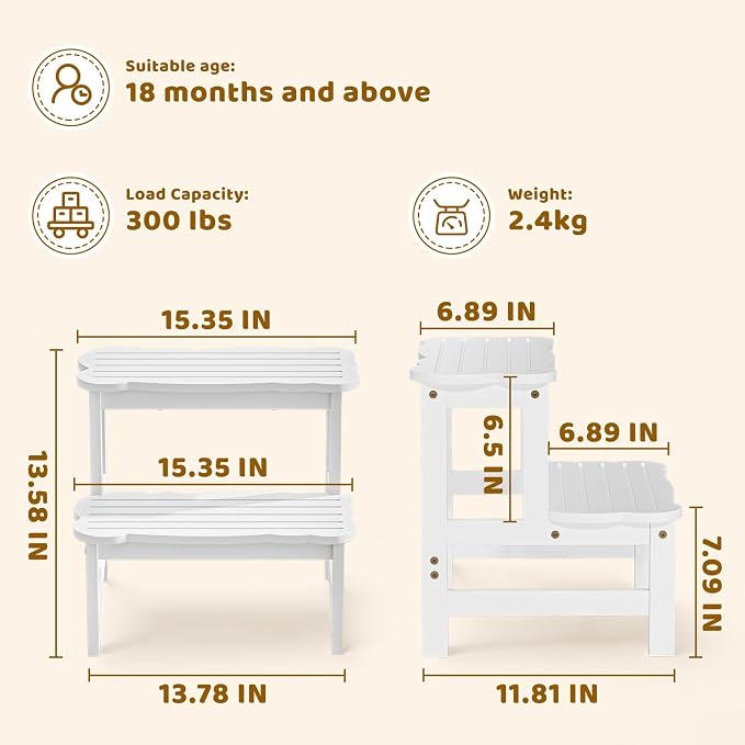 COSYLAND Step Stool for Toddlers - Two Step Stools Toddler 300 lbs Capacity with Safety Non-Slip Design, Natural Step Stool for Bathroom, Kitchen Dual Height Step Stools for Kids White