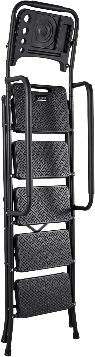 VEVOR 5 Step Ladder, Folding Step Stool with Wide Anti-Slip Pedal, Tool Tray, Dual Side Handrails, Portable Steel Ladder, Multi-Use for Kitchen, Home, Household and Office, Black