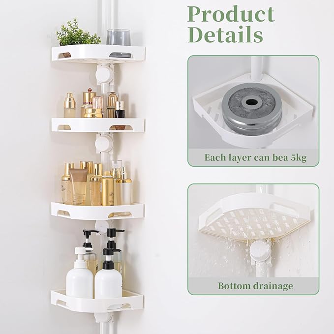 akinbas Tension Pole Shower Caddy Organizer with 4 Tier L-Shaped Rust Resistant Bathroom Corner Shelves with 34-124 Inch Adjustable No Drilling Quick Install Shower Rack for Bath Essentials (White)