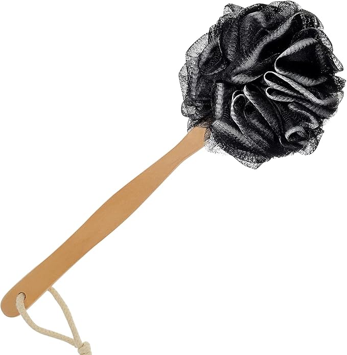 Loofah with Handle - Back Scrubber & Exfoliating Shower Sponge, PE Soft Mesh on a Wooden Stick for Men and Women(Black)