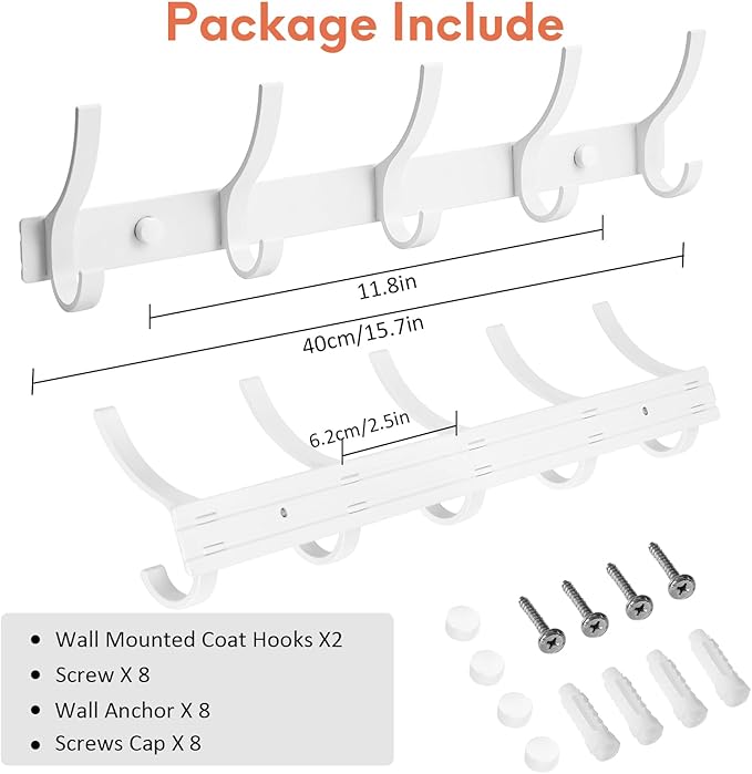 Optish Coat Rack Wall Mount, Coat Hook Wall Mount, Wall Hooks for Hanging, Hat Rack for Walls, Coats Hanger with 10 Hook, Towel Hooks for Bathrooms (1 Pack, White)