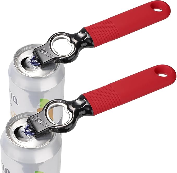 2-Pack Soda Can Opener and Beer Bottle Opener Bartender with Good Grip Silicone Handle, Pop Top Can Tab Opener for Long Nails, Bottle Opener for Arthritic Hand and Seniors, Chilli Red