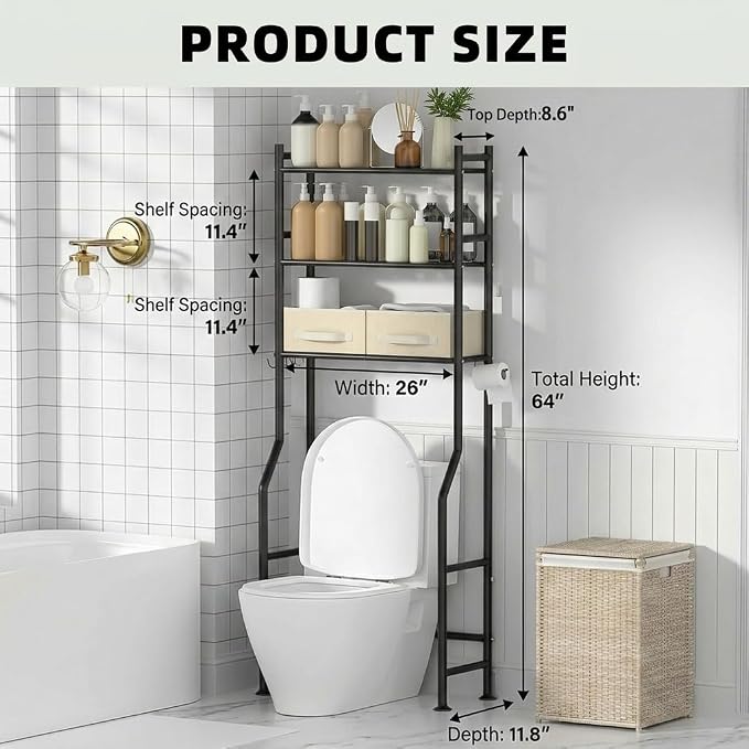 GloTika 3-Tier Over Toilet Storage with 2 Basket & Anti-Tilt System - 150lb Total Capacity Metal Bathroom Shelves Including Paper Holder & 4 Hooks, Space Saving Above Commode Organizer (64" H, Black)