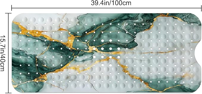 LNOND Marble Bath Tub Mat Non Slip, Extra Long 40 X 16 Inch Anti Slip Mat for Bathtub, Green Gold Marble Shower Mat with Drain Holes and Suction Cups, Machine Washable