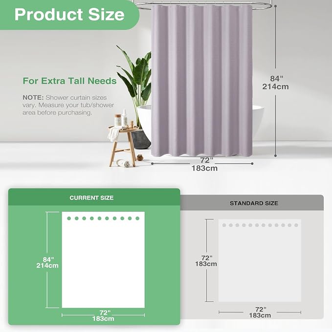 Dynamene Extra Long Shower Curtain - 84 Inch Long Waffle Weave Heavy Duty Fabric Bathroom Shower Curtain, Neutral Weighted Hotel Thick Bath Curtain Set with 12 Plastic Hooks,72x84, Lavender
