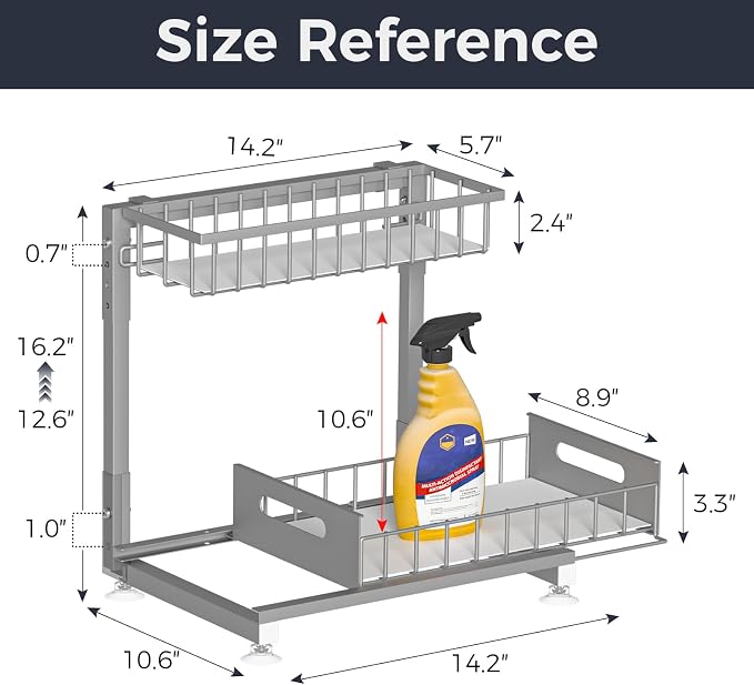 L-Shaped Under Sink Organizer, 2-Tier Pull Out Metal Kitchen Cabinet Organizer with Sliding Storage Drawer, Height Adjustable Heavy Duty Under Bathroom Sink Storage for Cleaning Supplies 1 Pack