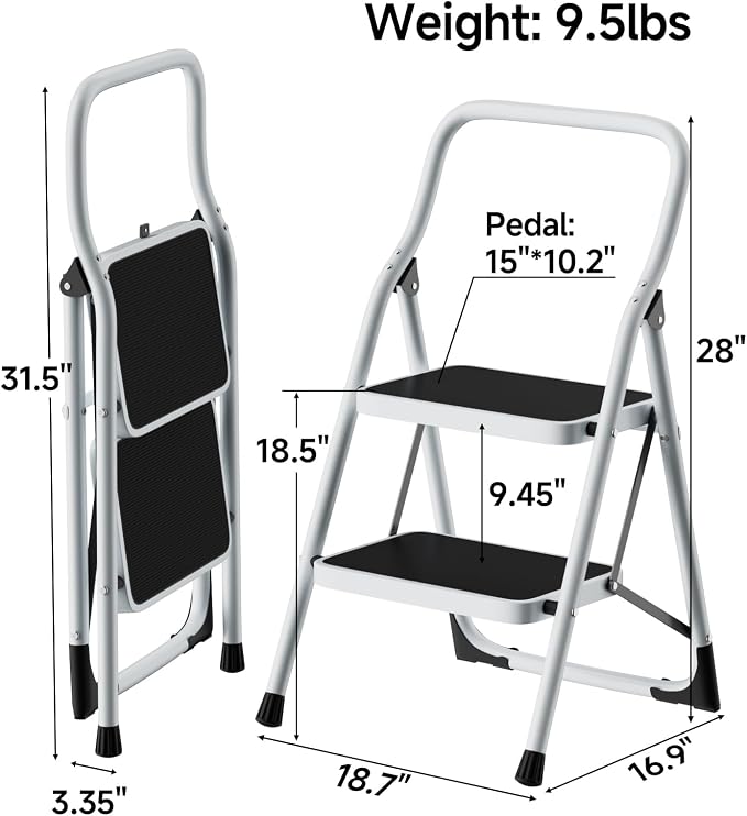 SOLADDER 2 Step Stool, Folding Step Ladder with Wide Anti-Slip Pedal & Safety Lock, Step Stool for Kitchen, Bathroom, Office, 300lbs Capacity