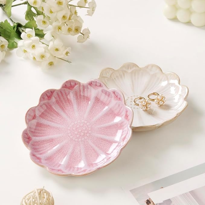 Lotus Ring Holder Dish Small Indoor Ash Tray, Ceramic Dessert Plate Trinket Jewelry Holder Organizing Necklace Earrings for Parents Friends Sister, White. All Jewelries Are NOT Included.