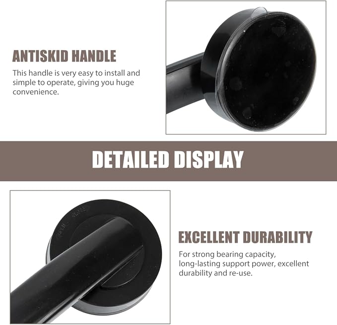 Large Black Suction Cup Handle - 9.04X2.36X2.16in Punch-Free Adhesive Grab Bar for Bathroom Safety Shower and Sliding Glass Door Mobility Assistance