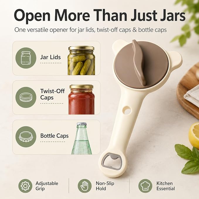 New 4-in-1 Retractable Jar & Bottle Opener, Adjustable Stainless Steel Lid Remover with Non-Slip Grip for Seniors,Multi-Functional Jar Opener with Ergonomic Handle for Kitchen Jars Cans Bottles(Brown)