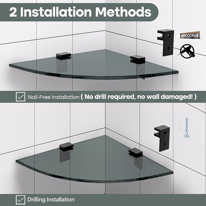 Bakzon 2-Pack Glass Shelf Shower Caddie, Shower Shelves for Inside Shower, Drilling Free Adhesive Wall Mounted Bathroom Organizer Shelves with Aluminium Brackets, Black