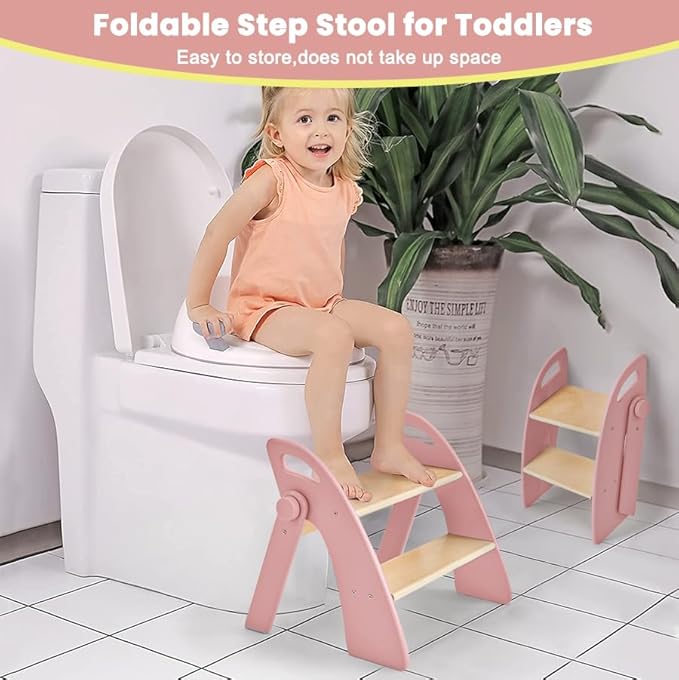 Wooden 2 Step Stool for Toddlers, Foldable 2-Step with Non-Slip Pads and Handles, Bamboo Step Stool for Kids Bathroom Sink and Potty Training, Kitchen Helper, Nursery Bedroom (Pink)