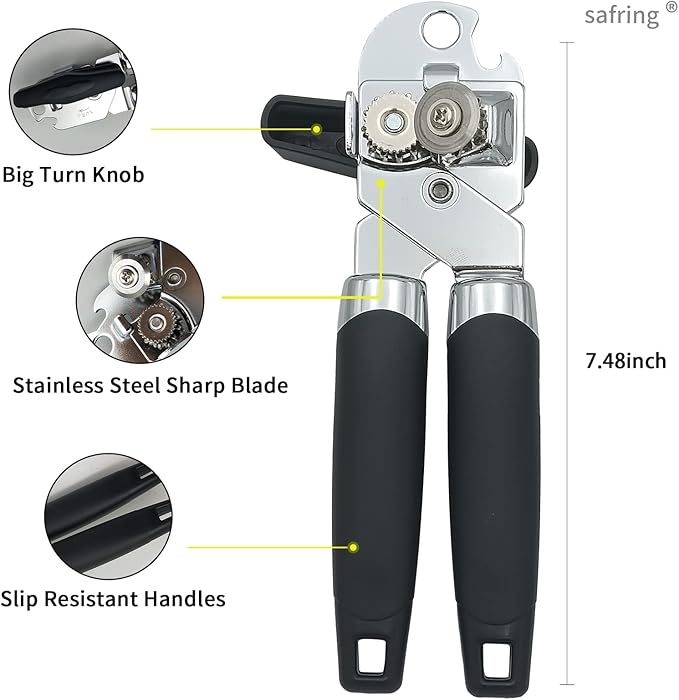 Safring Can Opener Manual, Handheld Strong Heavy Duty Stainless Steel Can Opener, Comfortable Handle, Sharp Blade Smooth Edge, Can Openers with Multifunctional Bottle Opener